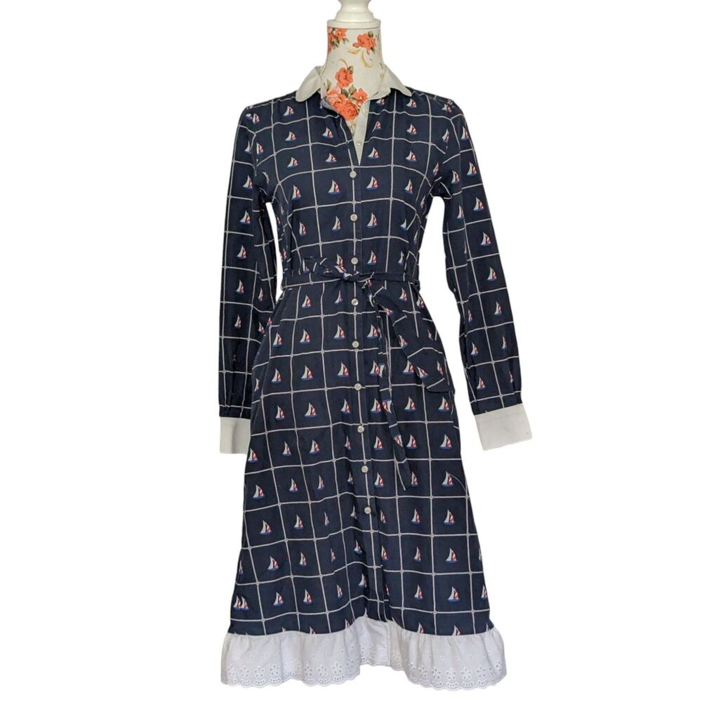 Brooks Brothers Sz 2 Long Sleeve Midi Shirt Dress Sailboats Lace Hem Preppy Sail